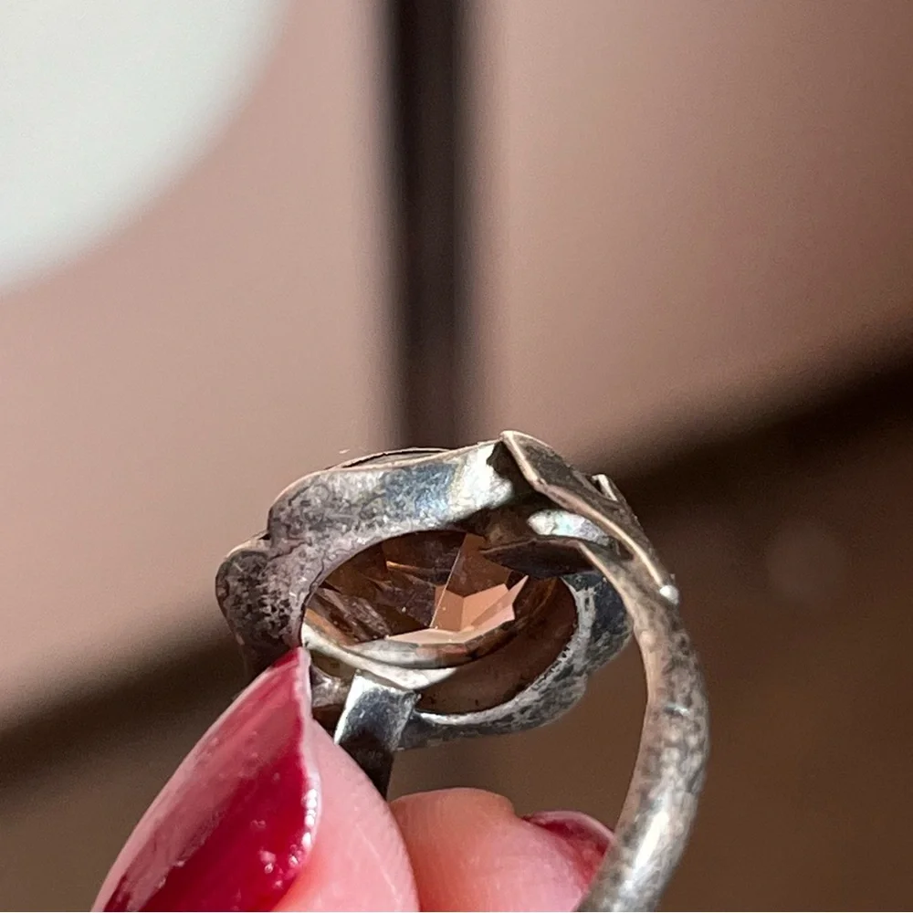Antique Art Deco 1920’s Sterling Silver pink brown Glass Victorian Signet Ring